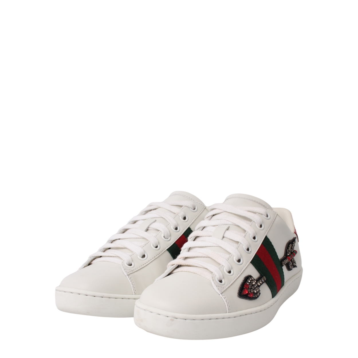 Sho7771　The Blurred GUCCI Leather Embellished Arrow Ace Sneaker Crystal Sneakers White