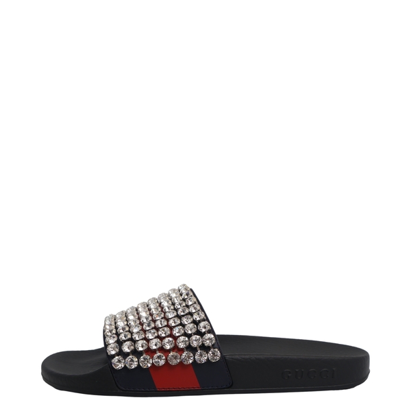 Leather Crystals Web Slide Sandals Black