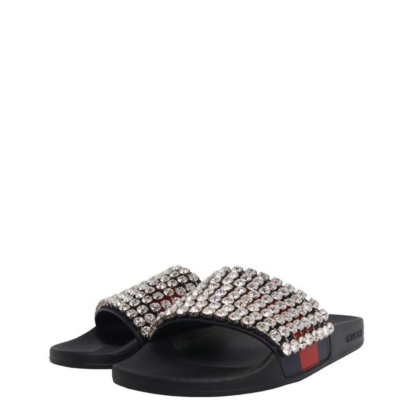 Leather Crystals Web Slide Sandals Black