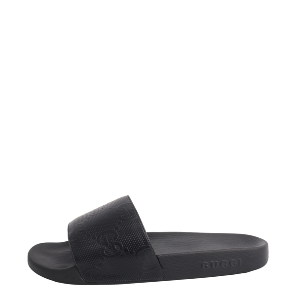 Leather Embossed GG Slide Sandals Black