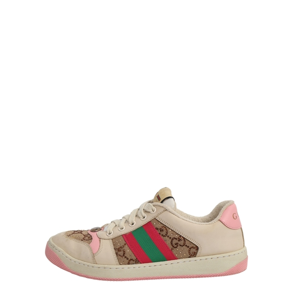 Mixed Material Crystal Screener Sneakers Beige/Pink