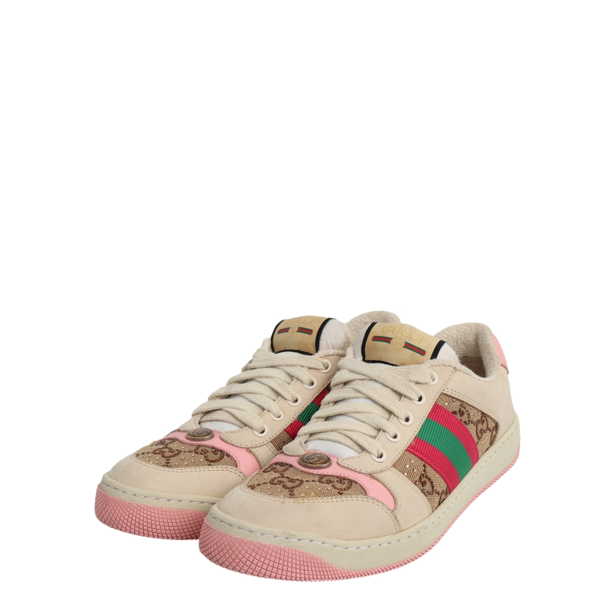 Mixed Material Crystal Screener Sneakers Beige/Pink