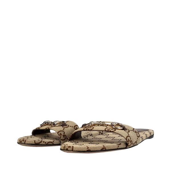 Canvas GG Horsebit Slide Sandals Beige/Brown