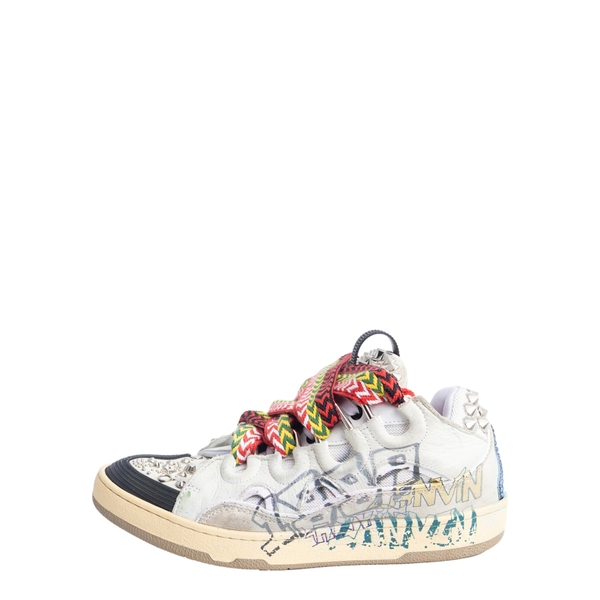 Mixed Material Spiked Graffiti Curb Sneakers White/Silver