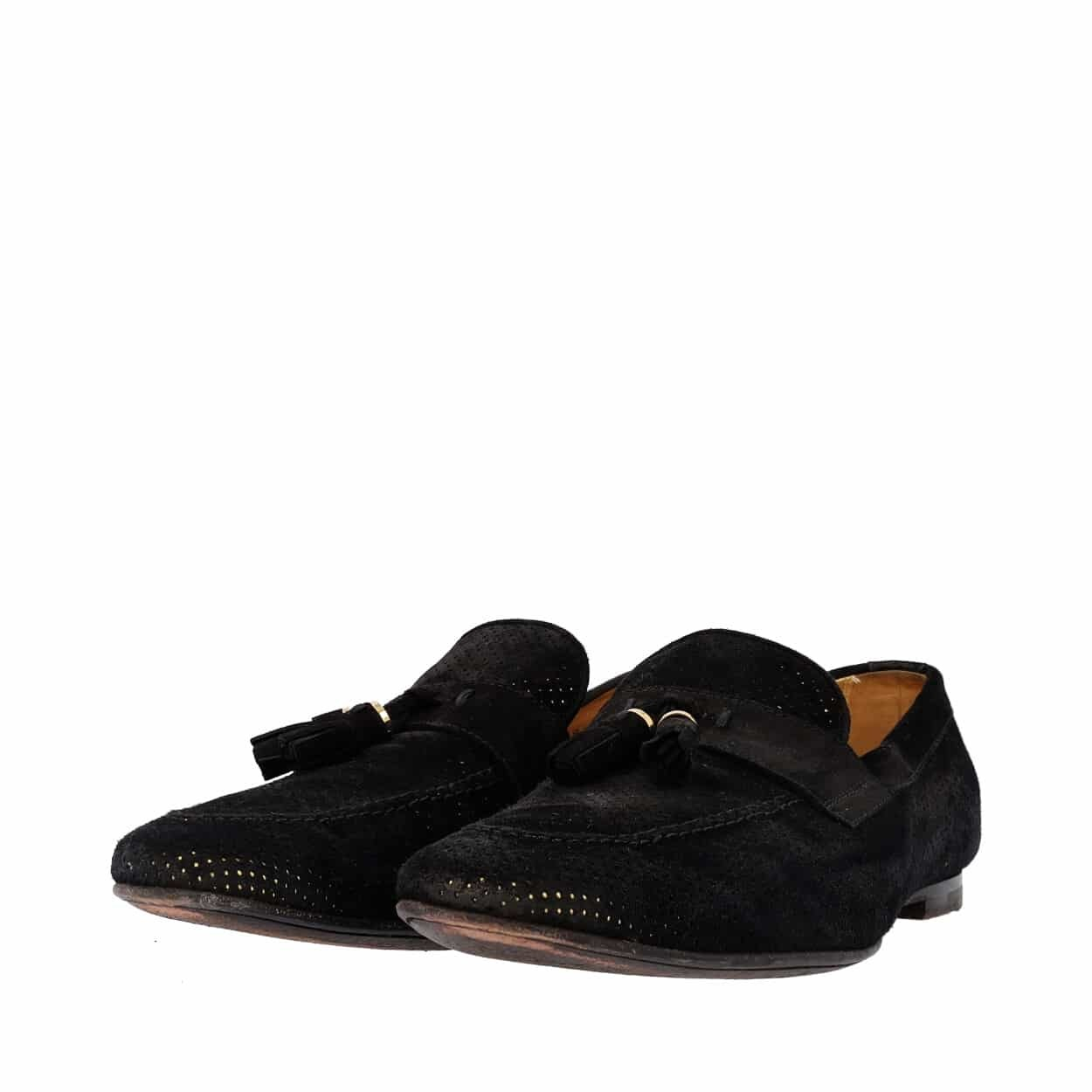 LOUIS VUITTON Suede Perforated Tassel Loafers Black | Luxity