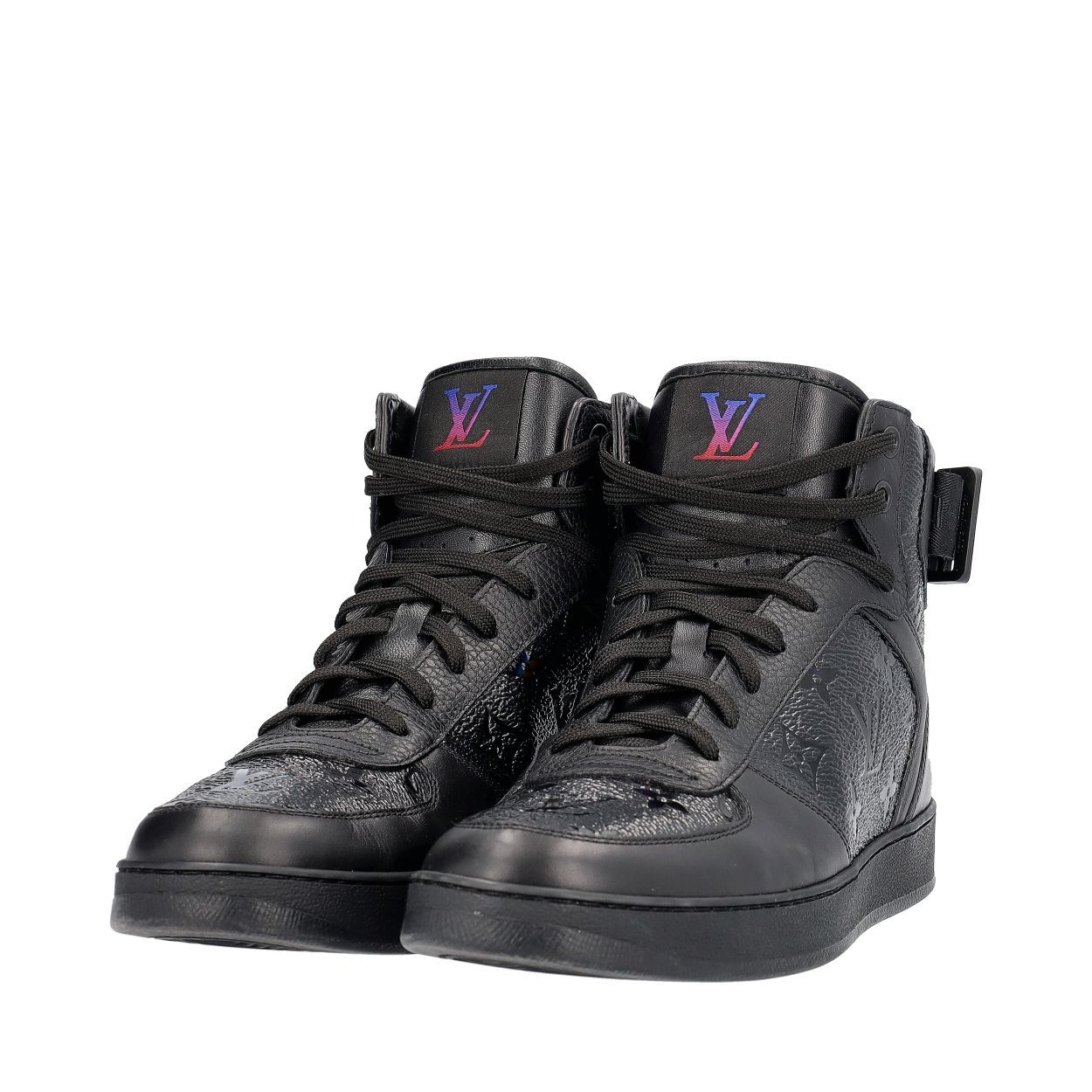 LOUIS VUITTON Leather Embossed Rivoli High Top Sneakers Black | Luxity