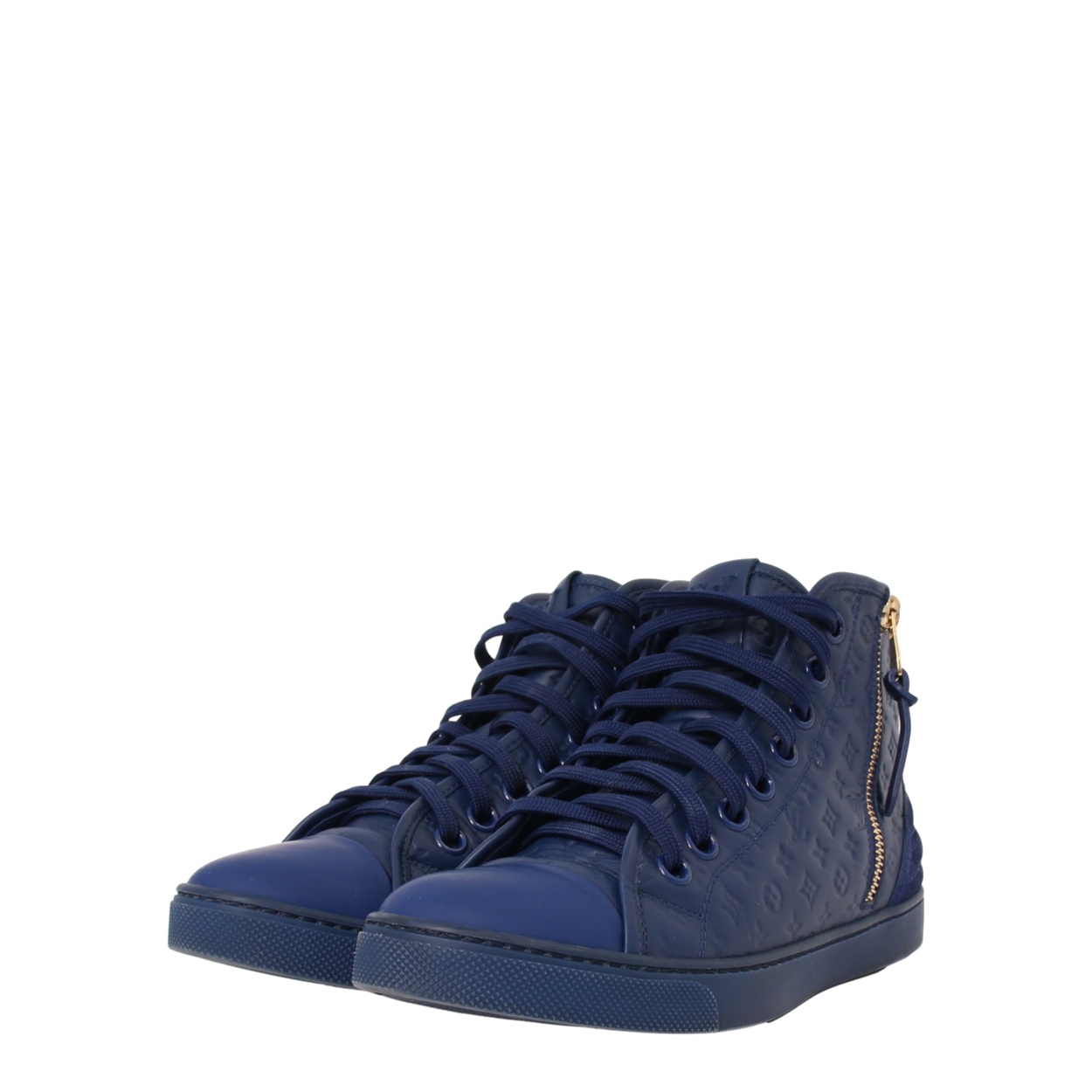 LOUIS VUITTON Leather Embossed Punchy High Top Sneakers Blue | Luxity
