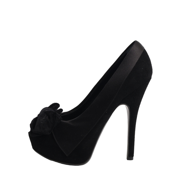 Mixed Material Bow Peep Toe Pumps Black