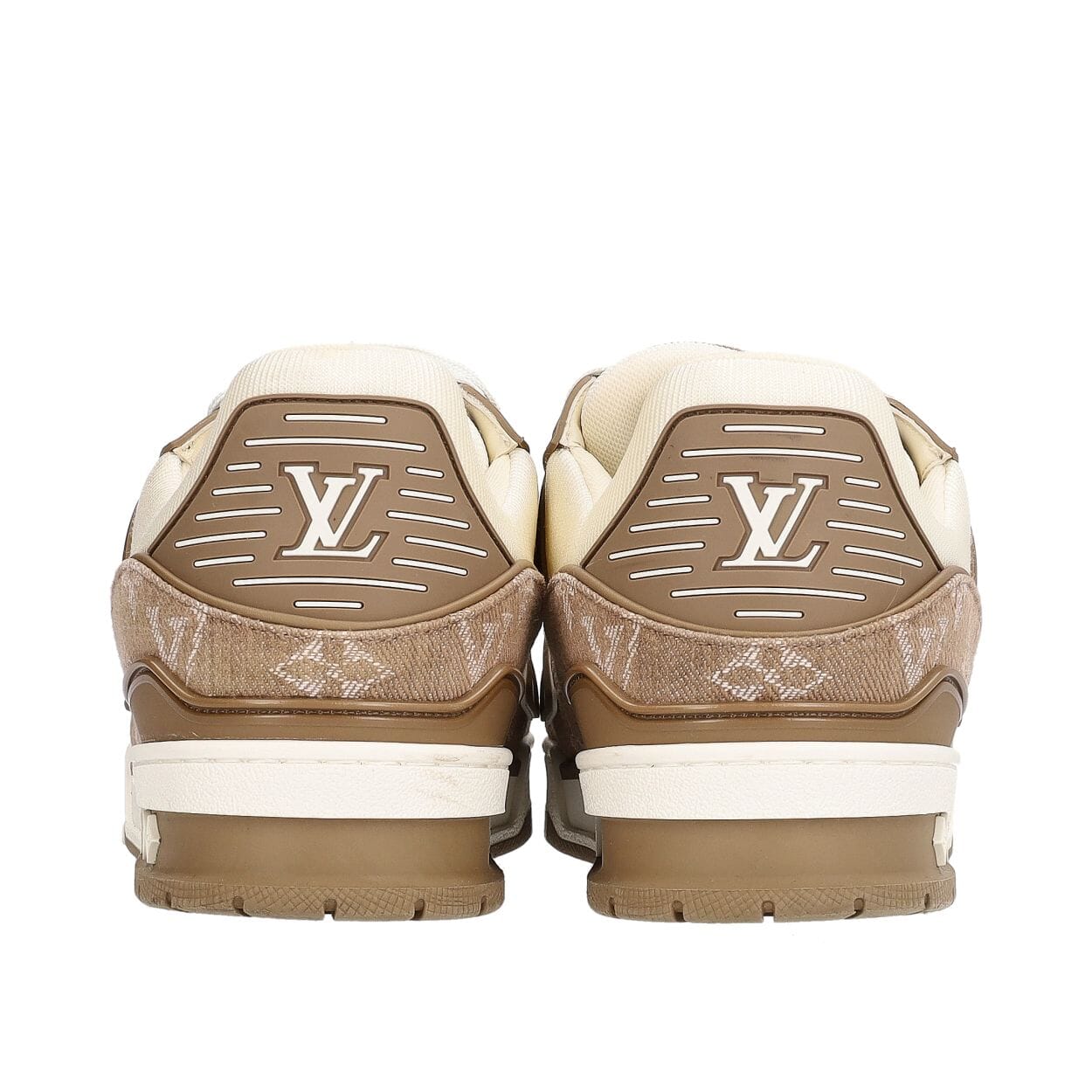 LOUIS VUITTON Monogram Denim/Leather LV Trainer Sneakers Brown