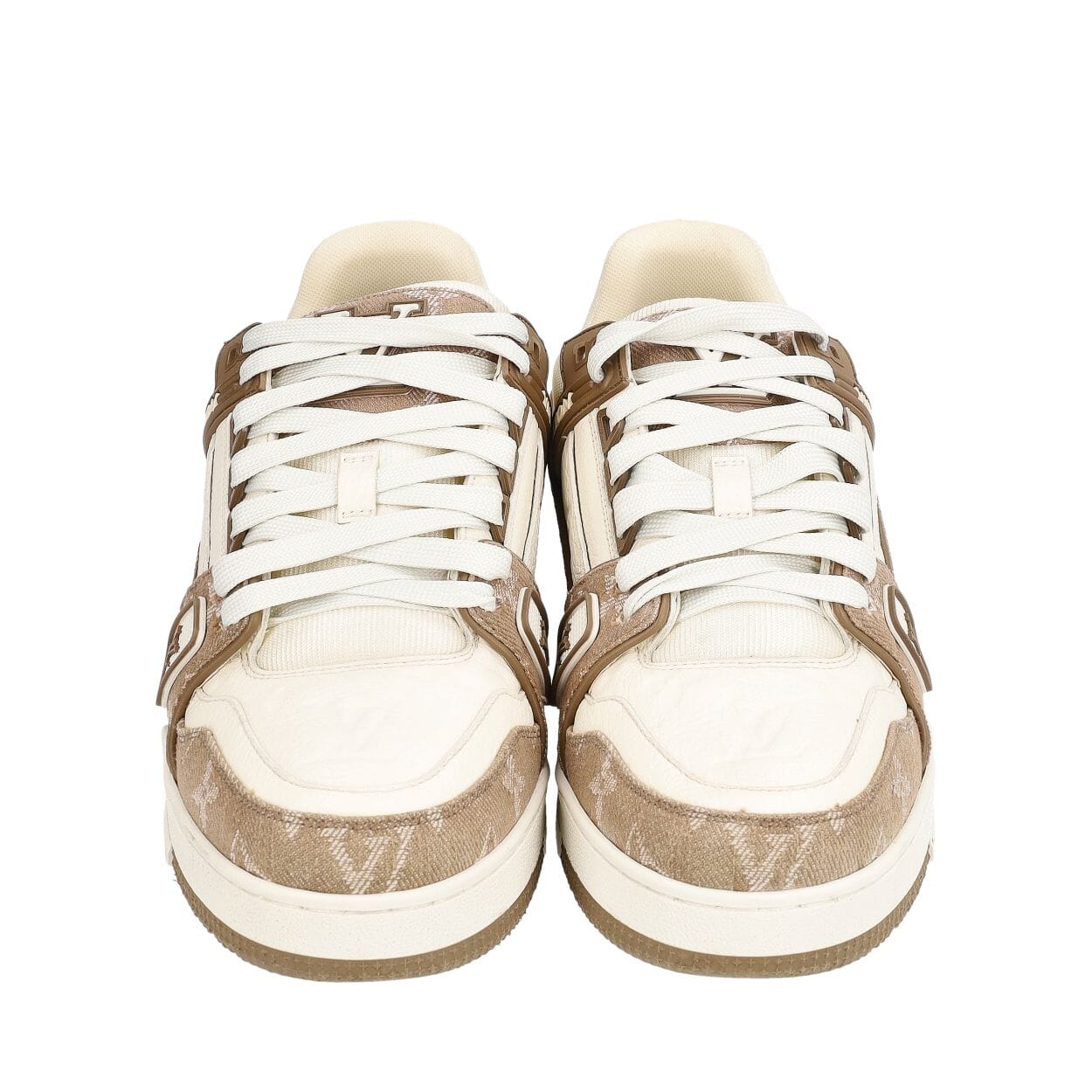 LOUIS VUITTON Monogram Denim/Leather LV Trainer Sneakers Brown