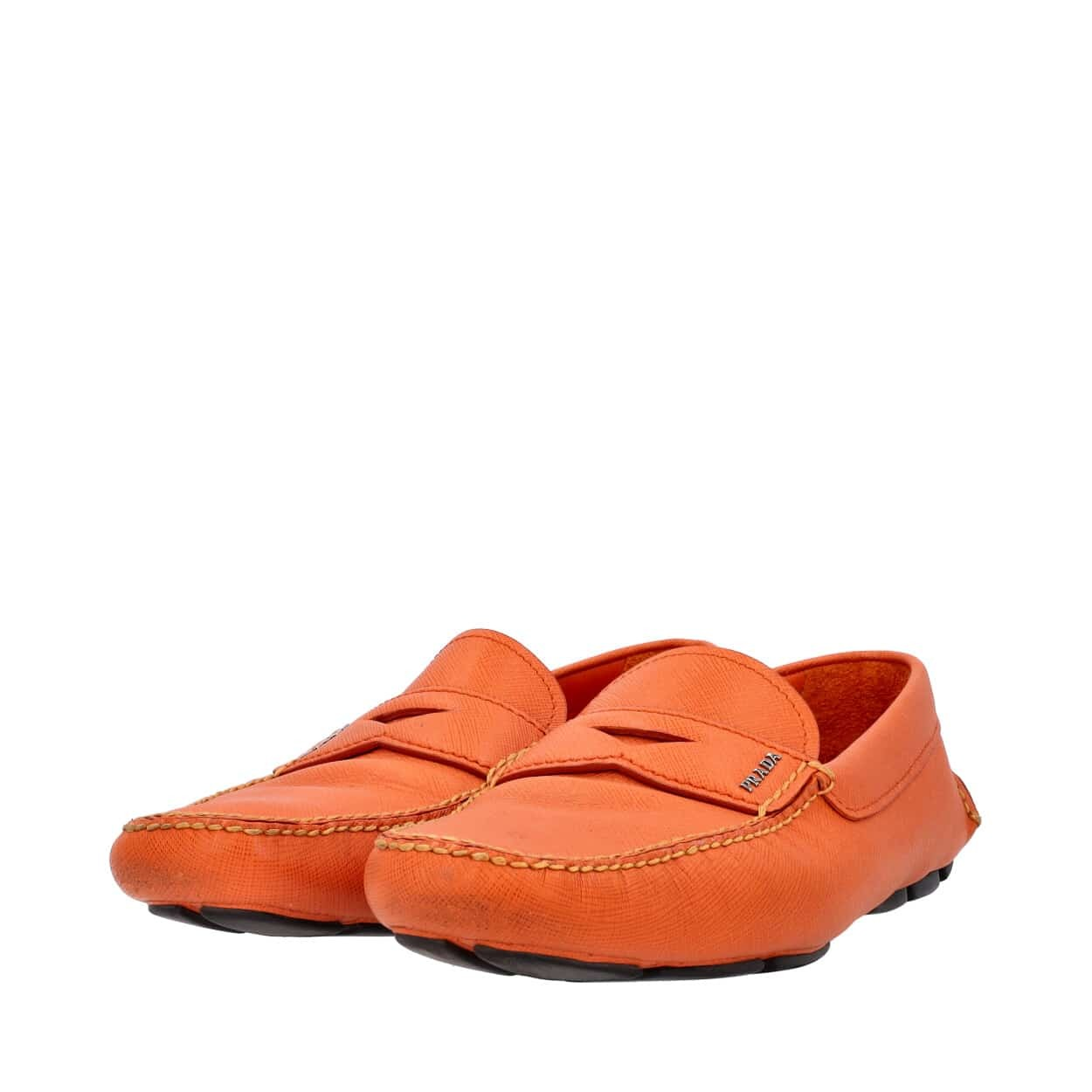 PRADA Leather Slip-On Logo Loafers Orange | Luxity