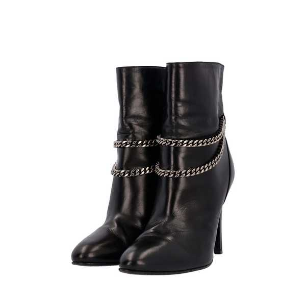 Leather Double Chain Ankle Boots Black