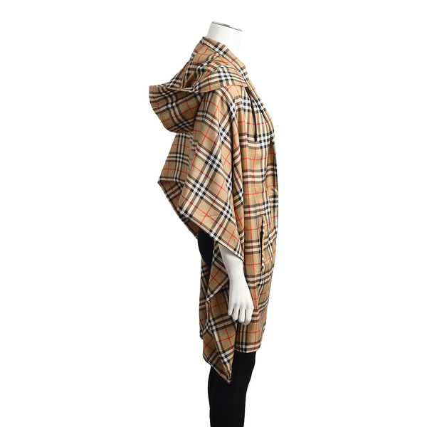 Vintage Silk Check Hooded Poncho Beige
