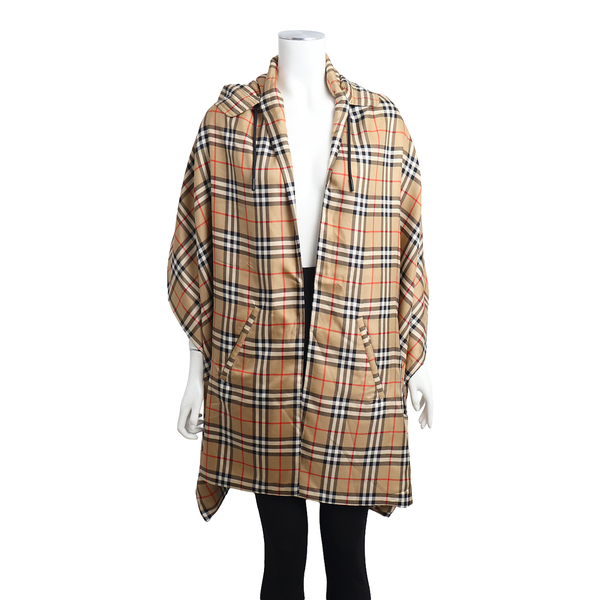 Vintage Silk Check Hooded Poncho Beige