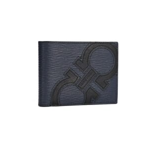 Leather Gancini Bi-Fold Wallet Navy/Black, view 2